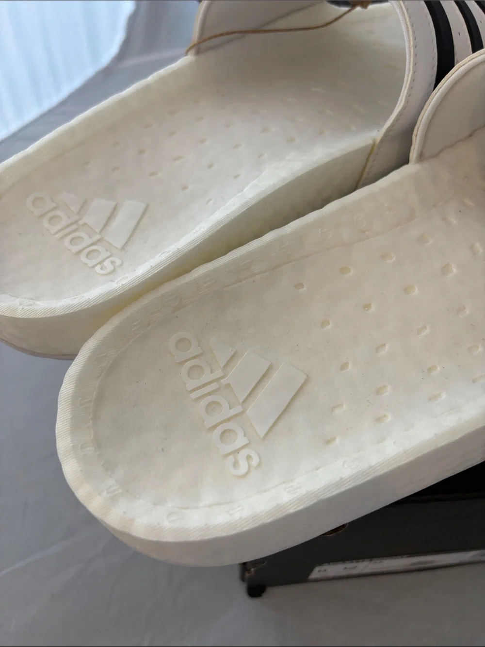 New Adidas Adilette Boost White Slide Sandals with Black Stripes Men’s size 11